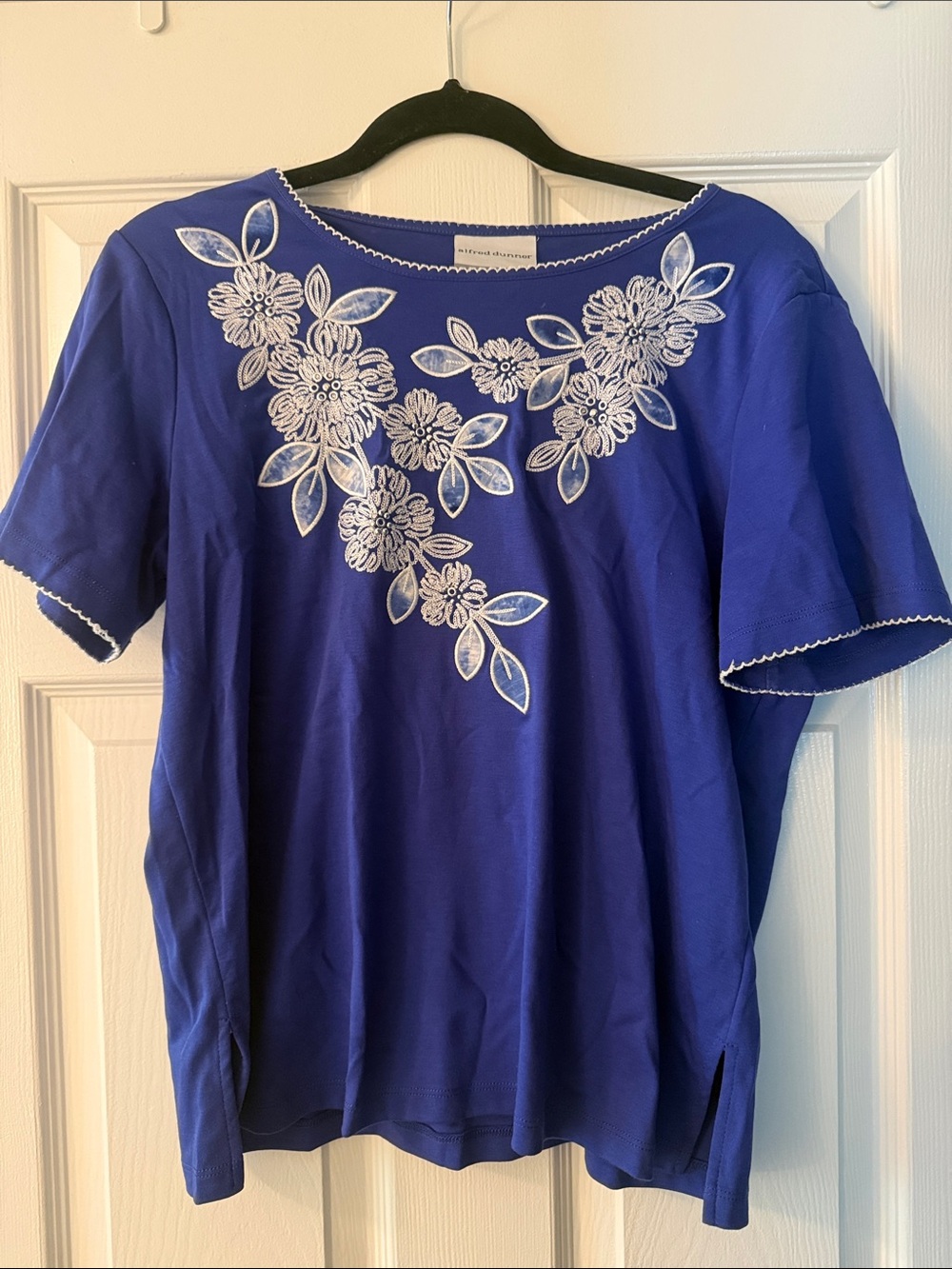 Alfred Dunner Royal Blue Short-Sleeve Blouse with White Floral Embroidery